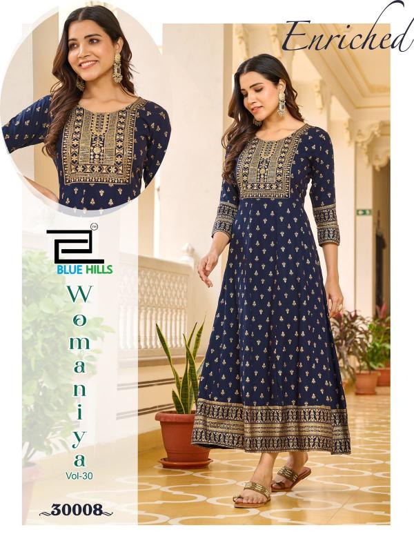 Blue Hills Womaniya Vol 30 Rayon Foil Printed Anarkali Kurti Collection